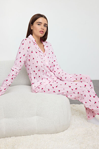 Trendyol Collection 100% Cotton Pink Floral Print Ribbed Pajamas Set - Openwork/Hole Thmaw25Pt00057
