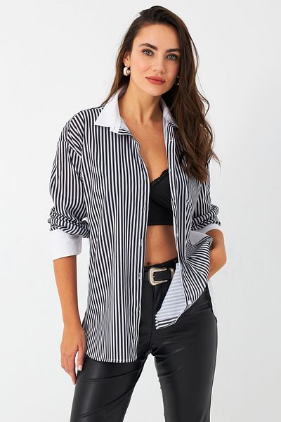 Cool & Sexy Koszula damska w paski ecru-czarne Elt156 - Kontrastowy wzór