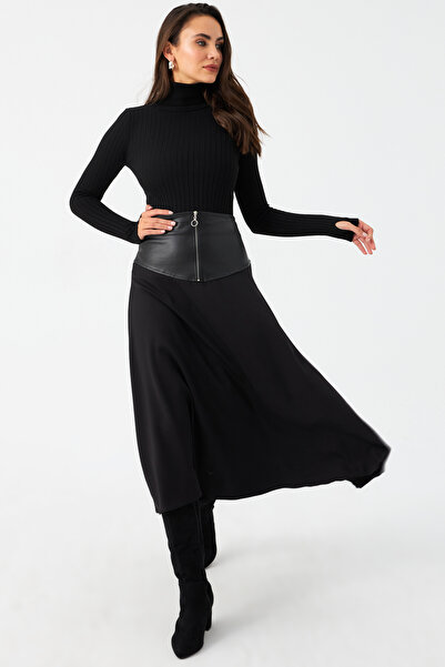 Cool & Modest Women's Black Faux Leather Bell Skirt - Mnh500