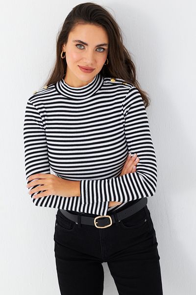 Cool & Modest Women's Black and White Striped Blouse - Button Detail, Mayd14