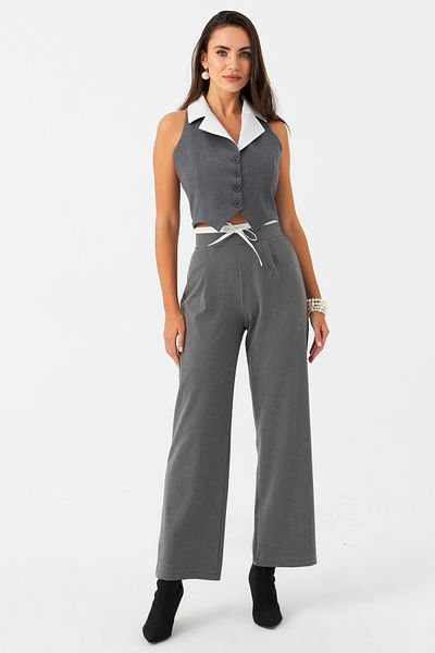 Cool & Sexy Women's Gray Palazzo Trousers - Waist Tie, Ela3972