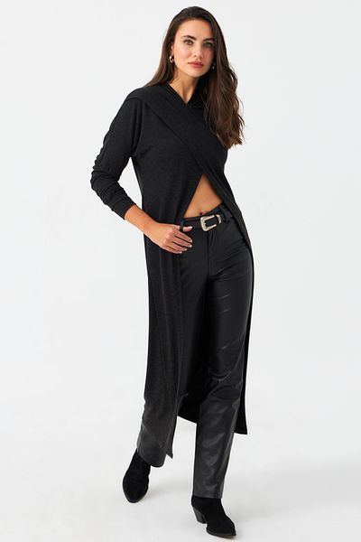 Cool & Sexy Γυναικείο τουνίκ φόρεμα με κουκούλα ανθρακί με διπλό στήθος - TF39