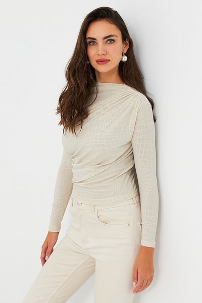Cool & Sexy Women's Ecru Patterned Drawstring Blouse Lpp1279