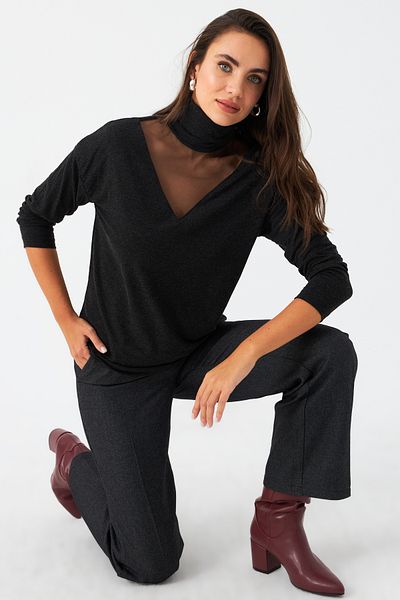 Cool & Sexy Women's Anthracite Tulle Detailed Fisherman Blouse Ey2980