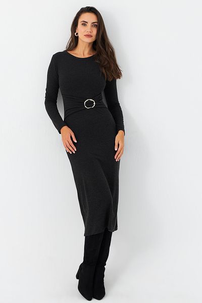 Cool & Sexy Women's Anthracite Buckle Midi Dress Ey2984