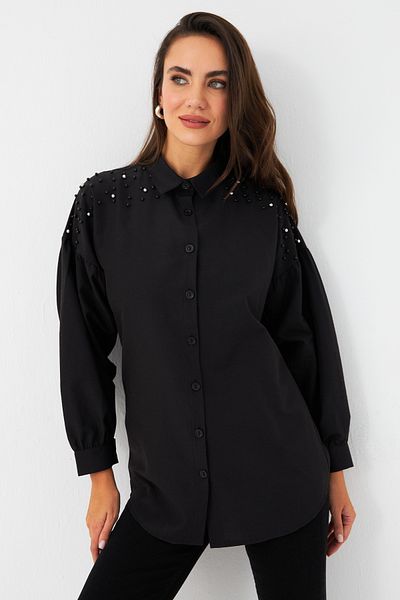 Cool & Modest Cămașă de damă cu mânecă balon cu perle negre - MASF16