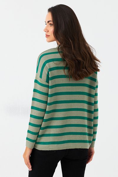 Cool & Sexy Green Striped Polo Neck Women's Knitwear Sweater - Se01