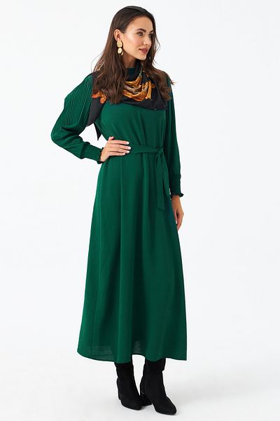 Cool & Modest Γυναικείο Maxi φόρεμα με πράσινο πλισέ μανίκι και ζώνη MASF124