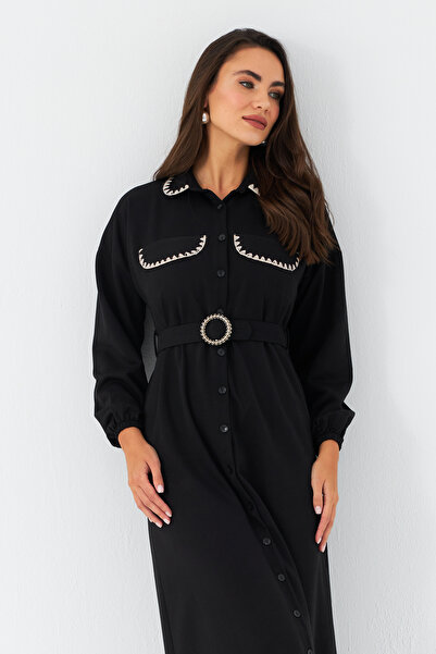 Cool & Modest Kadın Siyah Kemerli Maxi Gömlek Elbise MASF17