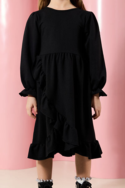 TRENDYOLKIDS Rochie tricotată din bumbac obișnuită pentru fete negre TKDAW25EL00016