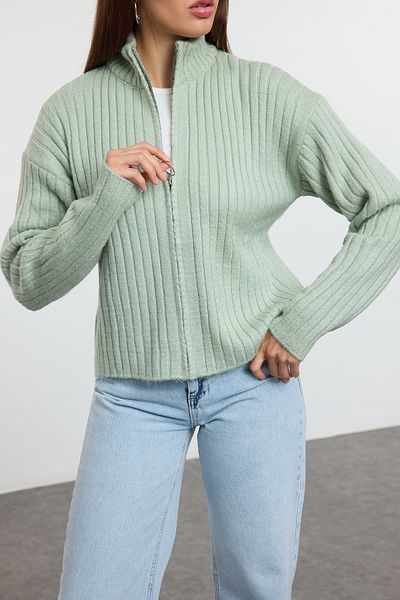 Edit by Trendyol Mint Soft Textured Zip Slim Knitwear Cardigan Tedaw25Hi00031