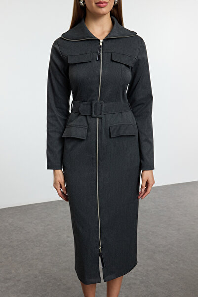 Trendyol Collection Anthracite Zippered Pocket Detailed Gabardine Fabric Midi Woven Shirt Dress Twoaw25El00261