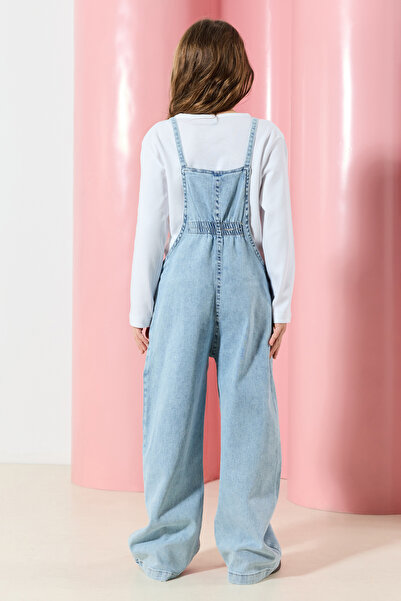 TRENDYOLKIDS Ledově modré bavlněné džínové tričko a salopet sada pro dívky - Tkdaw25Se00000