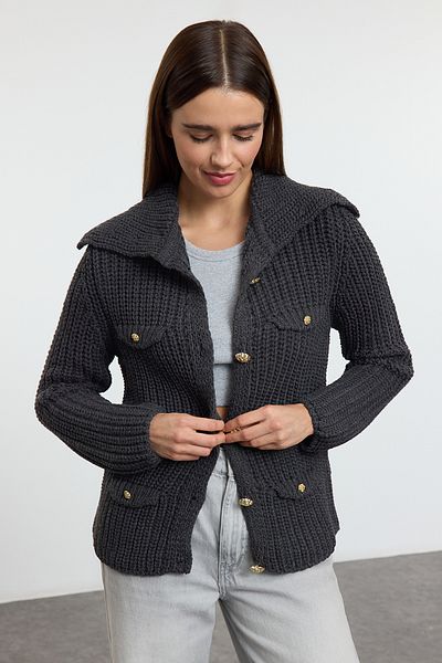 Trendyol Collection Anthracite Pocket Detailed Knitwear Cardigan Twoaw25Hi00367