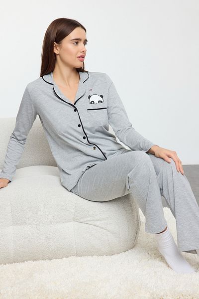 Trendyol Collection Комплект бавовняної піжами з принтом панди з сірого меланжу THMAW21PT0245