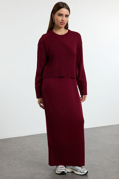 Trendyol Modest Burgundy Knitwear Cardigan and Gown Set - Tctaw25Us00000