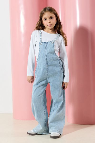 TRENDYOLKIDS Ledově modré bavlněné džínové tričko a salopet sada pro dívky - Tkdaw25Se00000