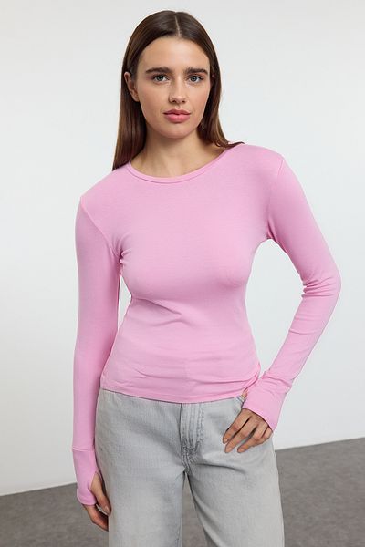 Trendyol Collection Εύκαμπτη πλεκτή μπλούζα με ροζ βισκόζη/μαλακό ύφασμα με λεπτομέρεια δακτύλων TWOAW25BZ00014