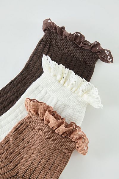 Trendyol Collection Braun-Mehrfarbige 3er-Pack Baumwoll-Stricksocken mit Blumenspitze und Jacquard-Strick THMSS24CO00003