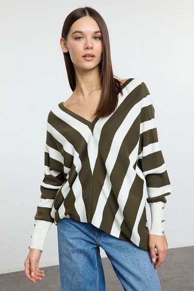 Trendyol Collection Pulover verde cu decolteu în V cu dungi TWOAW25KZ00390