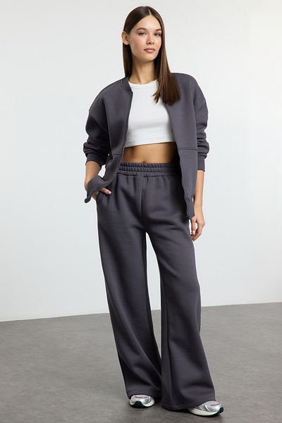 Trendyol Collection Σετ αθλητικής φόρμας Anthracite Fleece με χοντρό φερμουάρ - Φαρδιά Εφαρμογή Twoaw25em00001