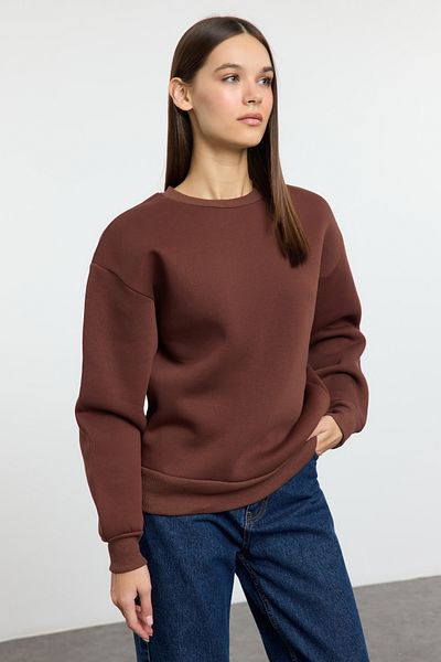 Trendyol Collection Дебела кройка - Кафяв суичър с поларено деколте Twoaw24Sw00101