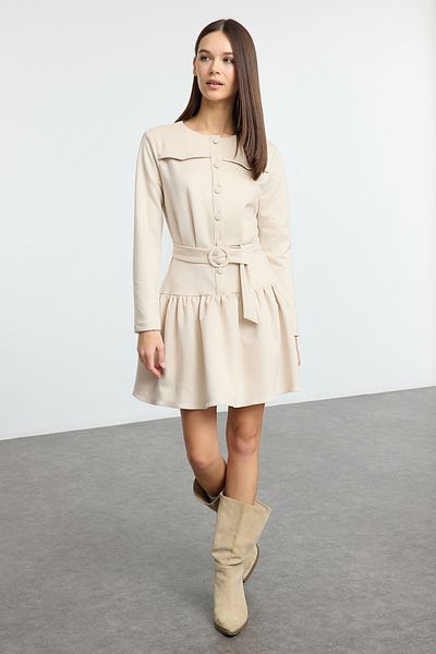 Trendyol Collection Σουέντ Μίνι Πλισέ Φόρεμα - Ζώνη από στρας, Στυλ Skater, Ανοιχτή μέση - TWOAW25EL00252