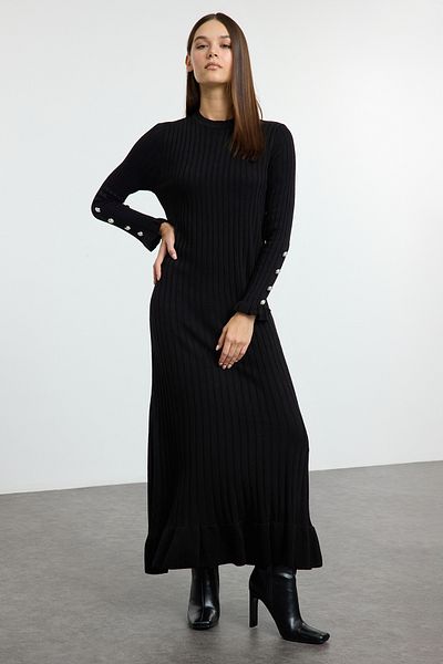 Trendyol Modest Černá sukně volánkové šaty z žebrovaného úpletu Tctaw25Eb00016