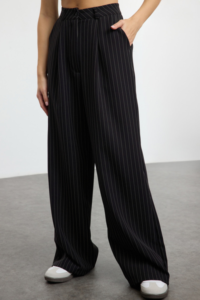 Edit by Trendyol Black Striped Wide Leg Belted Woven Trousers Tedaw25Pl00026 Palazzo