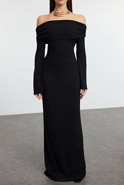 Trendyol Collection Černé pletené Carmen dlouhé stylové večerní šaty s výstřihem Tprss24Ae00204