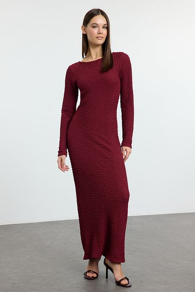 Trendyol Collection Rochie tricotată maxi cu textura uni burgundy TWOAW25EL00097
