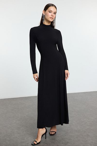 Trendyol Collection Black Backless A-Line Stand Collar Knitted Stylish Evening Dress Night Graduation Dress Tpraw25El00157