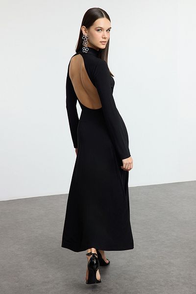 Trendyol Collection Black Backless A-Line Stand Collar Knitted Stylish Evening Dress Night Graduation Dress Tpraw25El00157