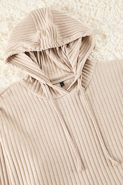 Trendyol Collection Dark Beige Hooded Ribbed Knitted Pajamas Set Thmaw22Au0334