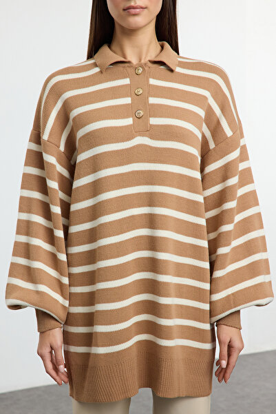 Trendyol Modest Camel Striped Balloon Sleeve Polo Neck Knitwear Sweater Tctaw25Ak00010