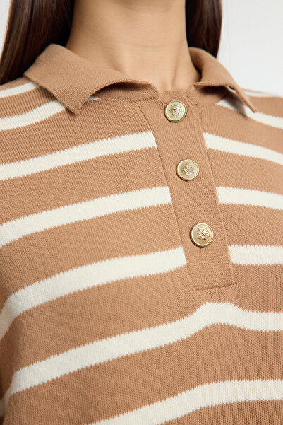 Trendyol Modest Camel Striped Balloon Sleeve Polo Neck Knitwear Sweater Tctaw25Ak00010