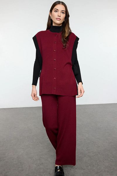 Trendyol Modest Burgundy Blocked Slit Knitwear Vest and Trousers Set - Tctaw24Us00087