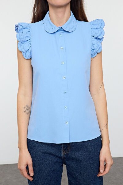 Trendyol Collection Cămașă țesută cu broderie detaliată pe umeri și guler albastru TWOSS22GO0234