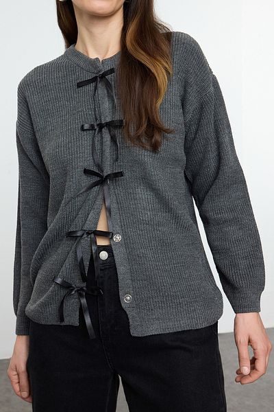Edit by Trendyol Anthracite Ribbon Detailed Knitwear Cardigan Tedaw25Hi00027