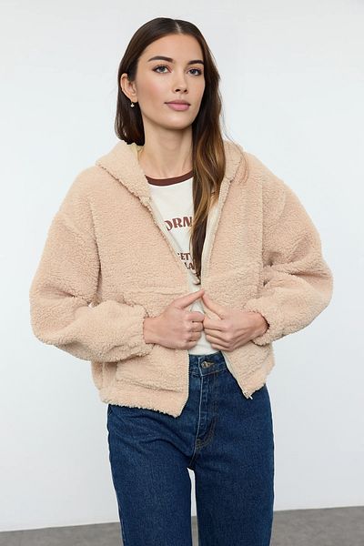 Trendyol Collection Tmavě béžová plyšová mikina s kapucí na zip a tlustá pletená mikina - Twoaw25Sw00238