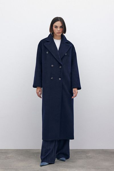Sateen Double Breasted Long Coat - Dark Blue