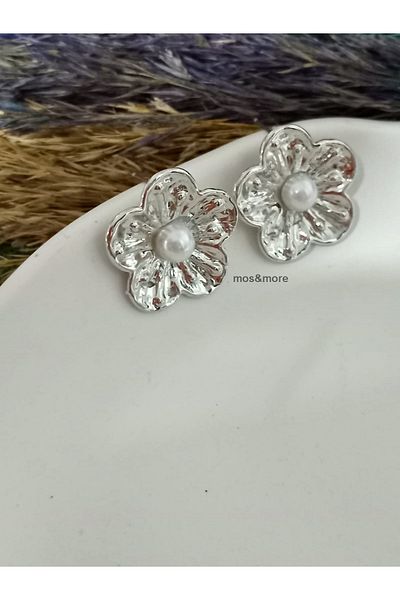 mos&more Silver Color Pearl Flower Women's Earrings