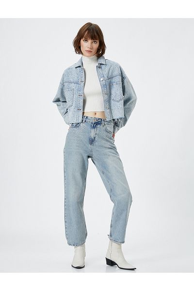 Koton Cotton Jewelled Crop Denim Jacket - Shirt Collar and Pocket