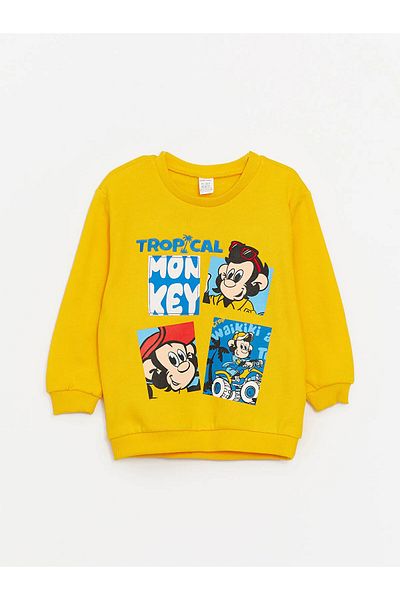 LC Waikiki Lcw Baby Yellow Crew Neck Long Sleeve Nostalgic Monkey Printed Baby Boy Sweatshirt