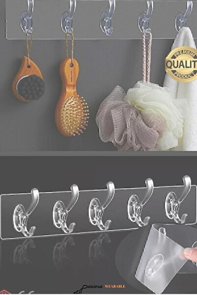 Genel Markalar 1 Adet Kendinden Yapışkanlı Güçlü Şeffaf 5li Askılık - Kapı Arkası Mutfak Duvar Banyo