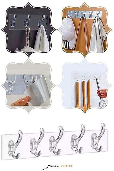 Jetcom 1 Piece Self Adhesive Strong Transparent 5-Piece Hanger Rack - Behind Door Kitchen Wall Bathroom
