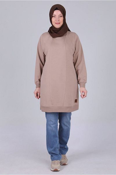 Moda Rosa 25K2053 - Mink - Plus Size Hijab Two Thread Embroidered Basic Tunic