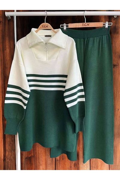 TCN Şahi̇n Curly Collar Striped Knitting Suit 8122-0001