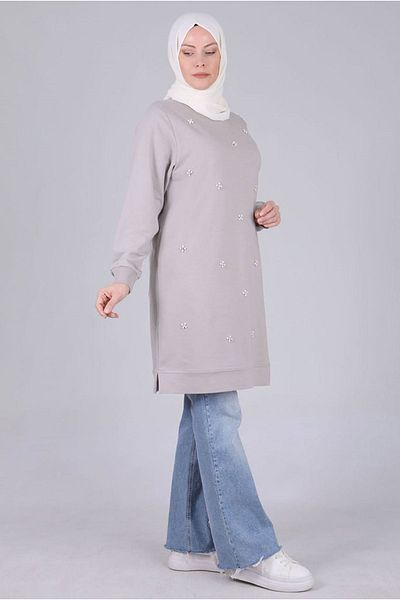 Moda Rosa 25K2041 - Gray - Plus Size Hijab Pearl Detailed Tunic