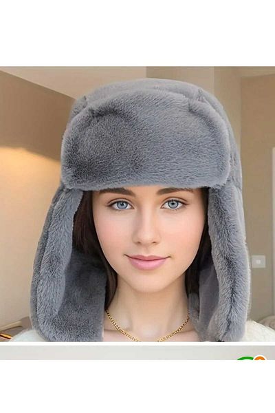 Betülce Pălărie de iarnă din pluș de blană Pilot Ushanka Unisex Gri pentru urechi